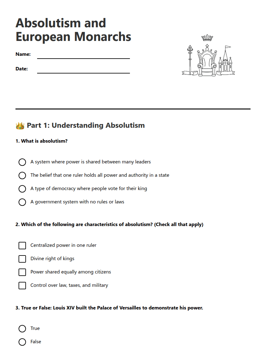 Absolutism and European Monarchs worksheet preview