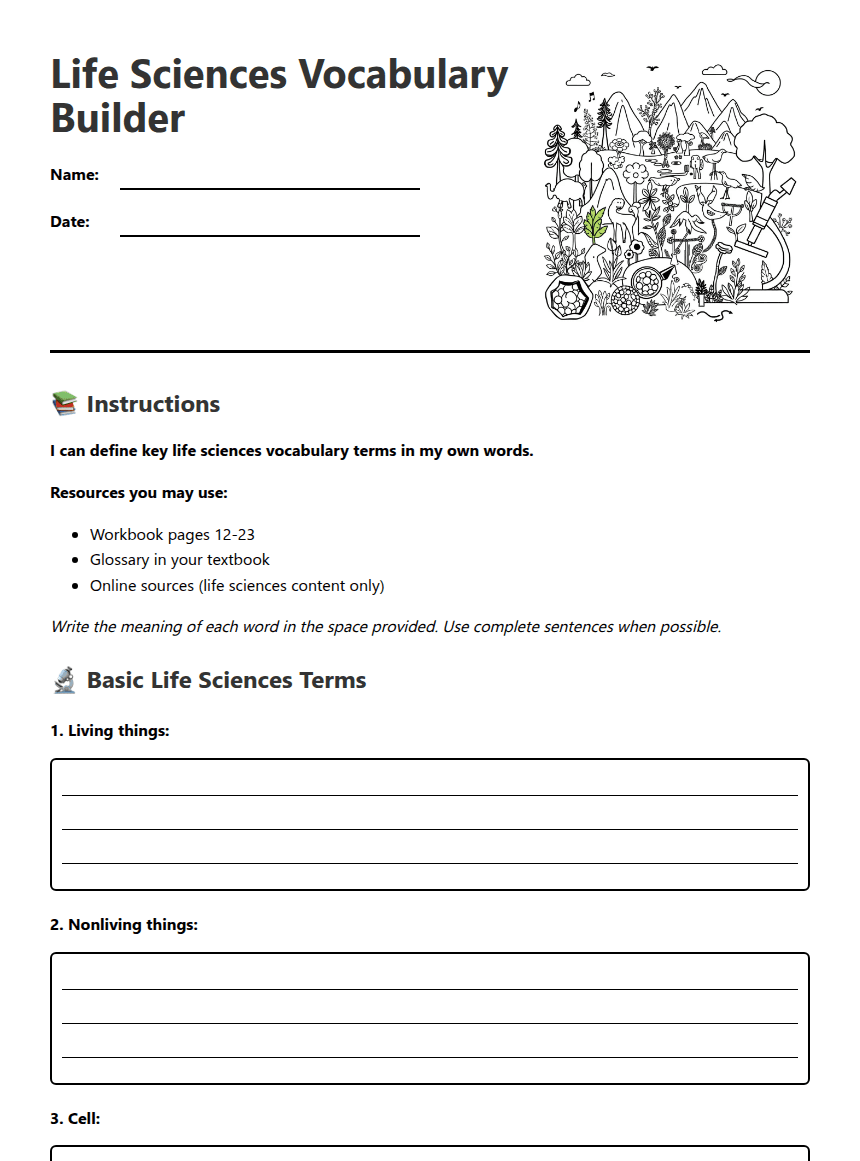 Life Sciences Vocabulary Builder worksheet preview