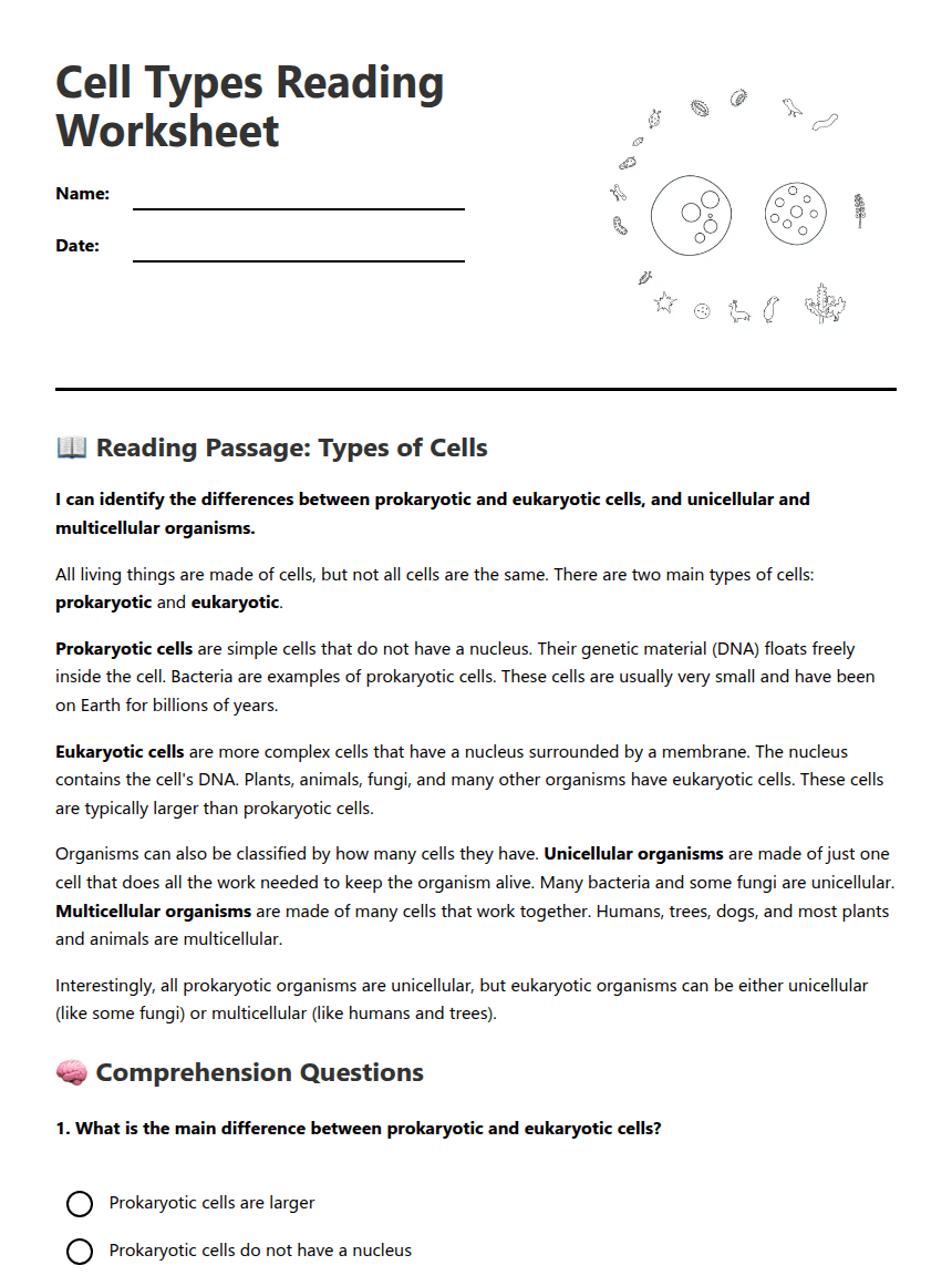 Simple Cell Types Worksheet worksheet preview