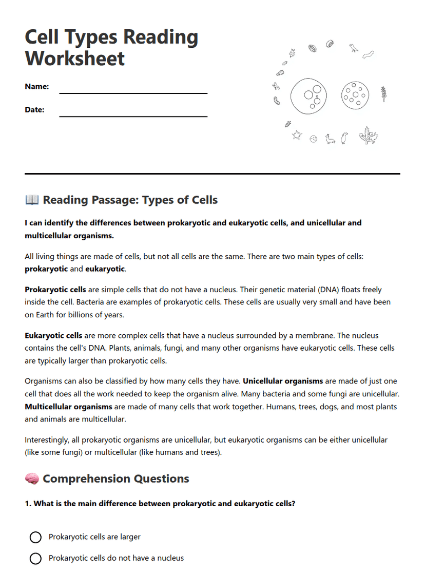Simple Cell Types Worksheet
