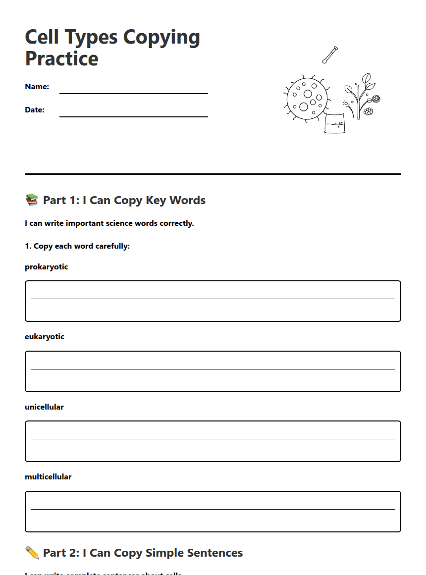 Cell Types Copying Practice worksheet preview