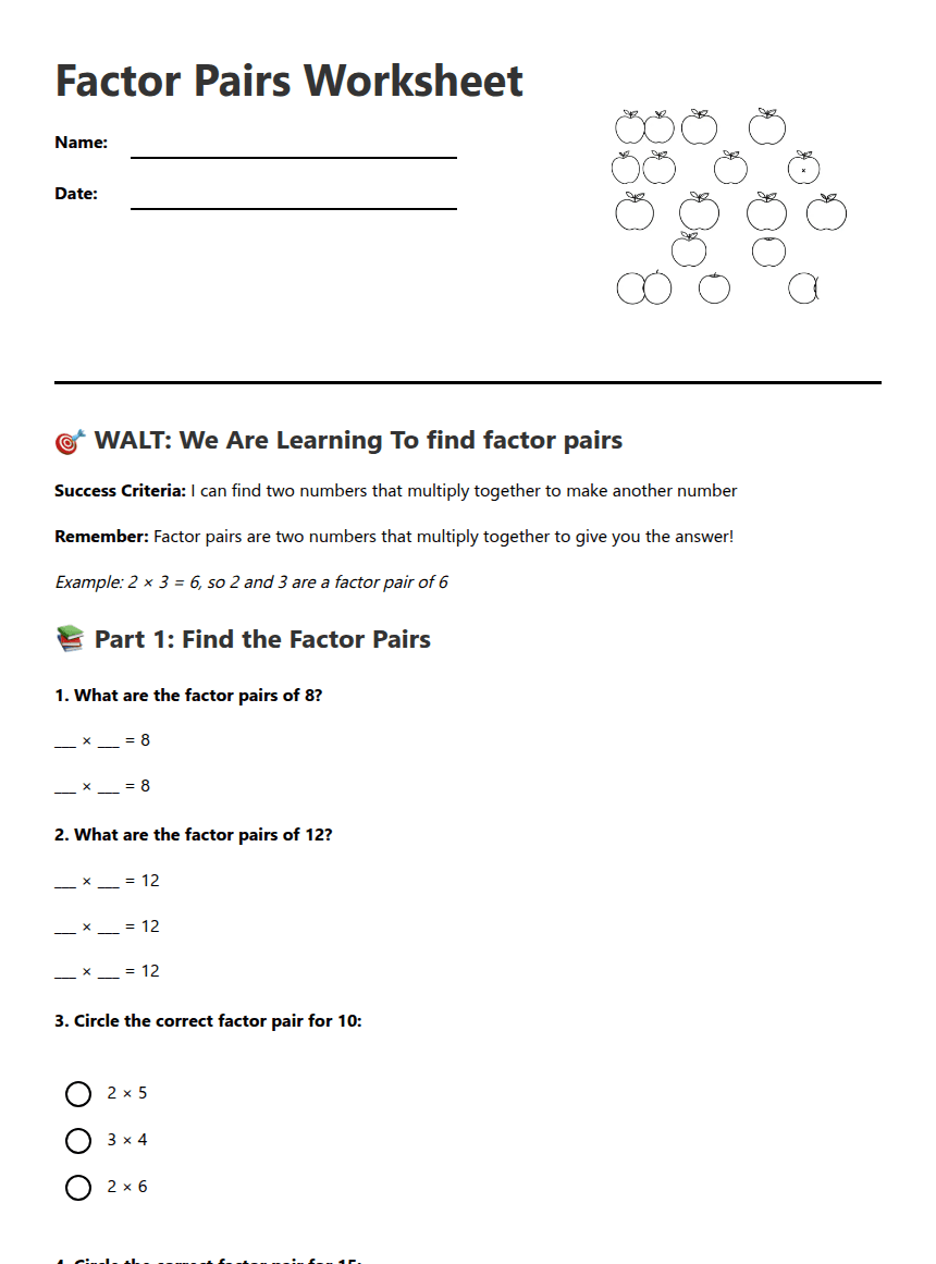 Factor Pairs Worksheet worksheet preview