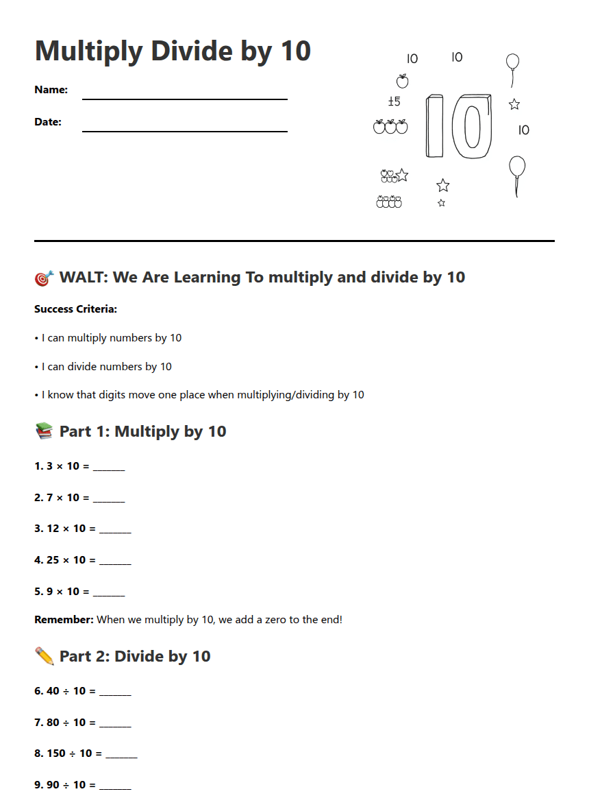 Multiply Divide by 10 worksheet preview