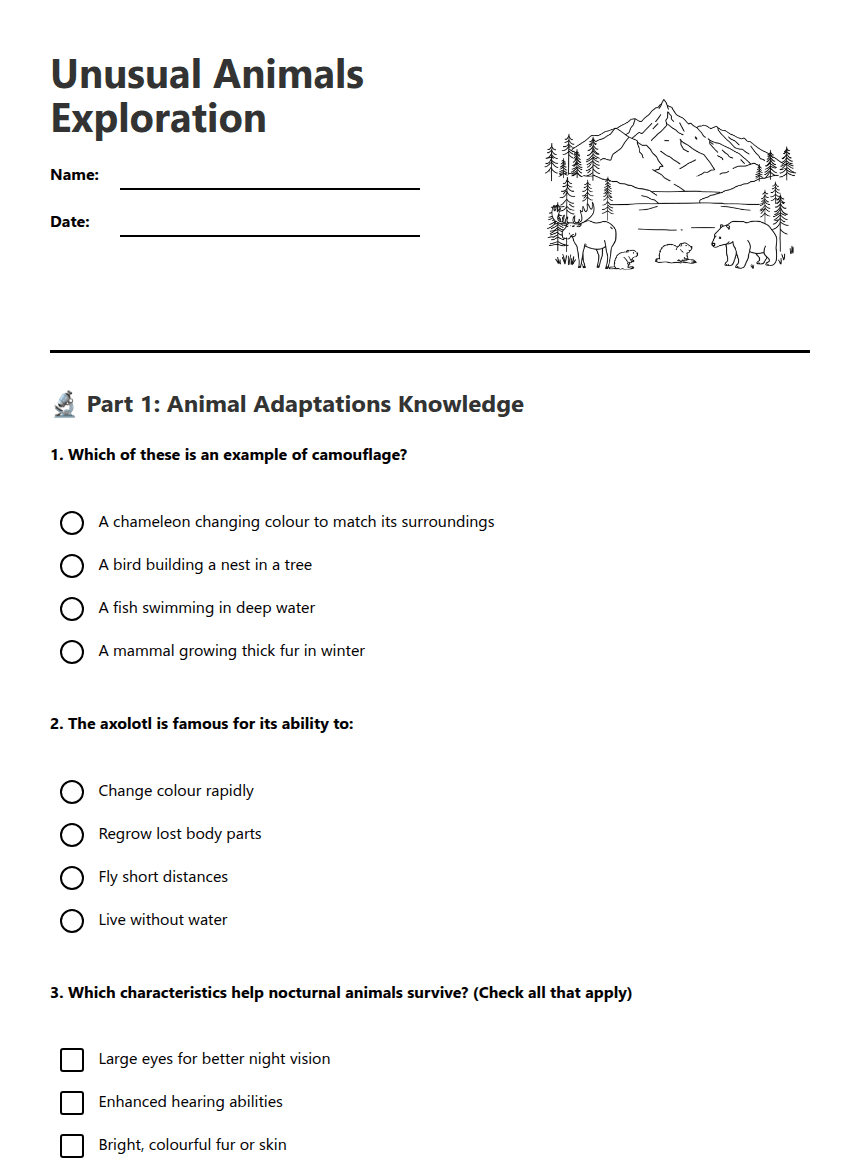 Unusual Animals Exploration worksheet preview