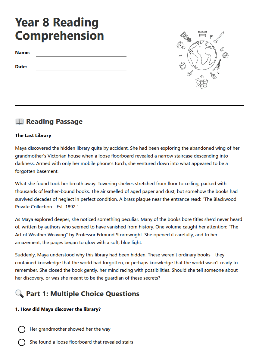 Year 8 Reading Comprehension worksheet preview
