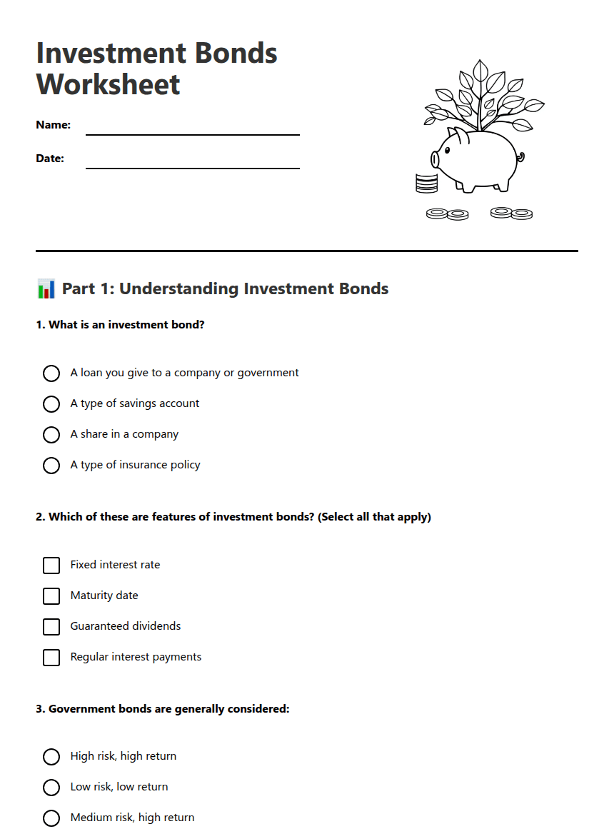 Investment Bonds Worksheet worksheet preview