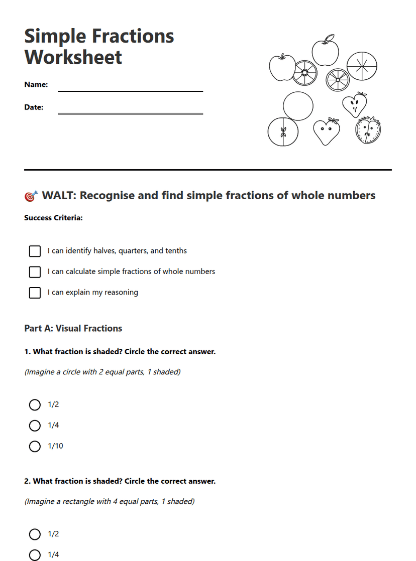 Simple Fractions Worksheet