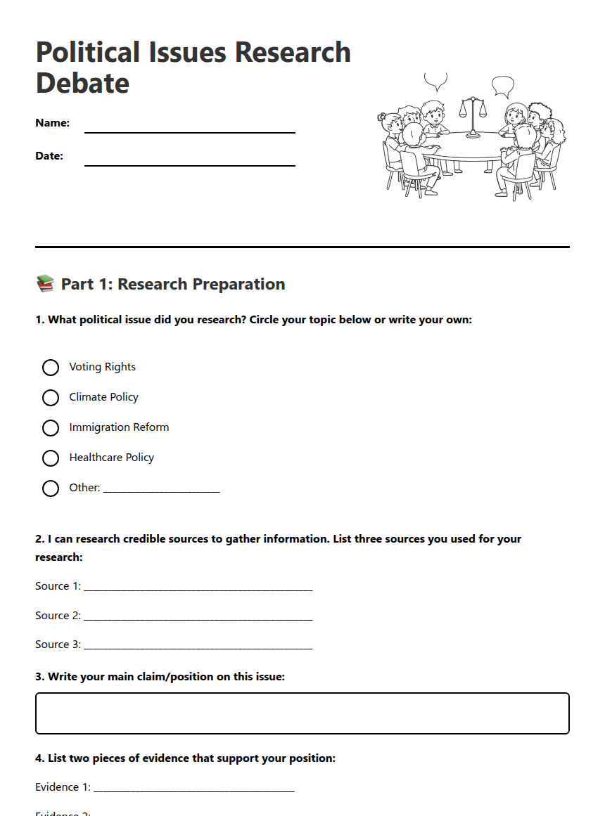 Political Issues Research Debate worksheet preview