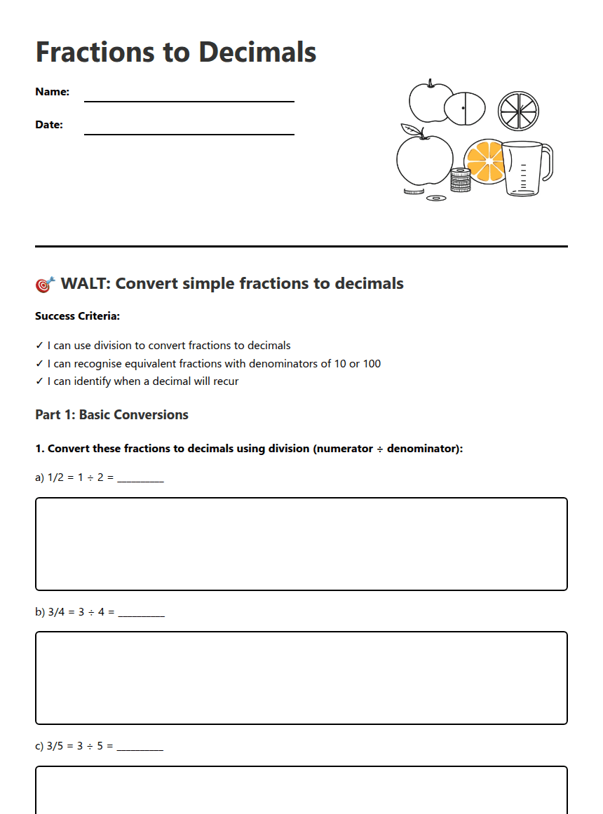 Fractions to Decimals worksheet preview