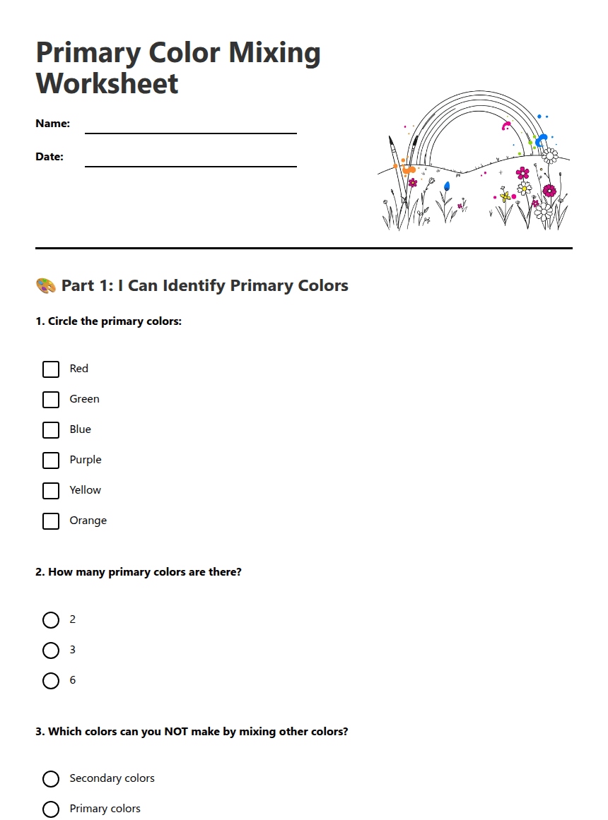 Primary Color Mixing Worksheet worksheet preview