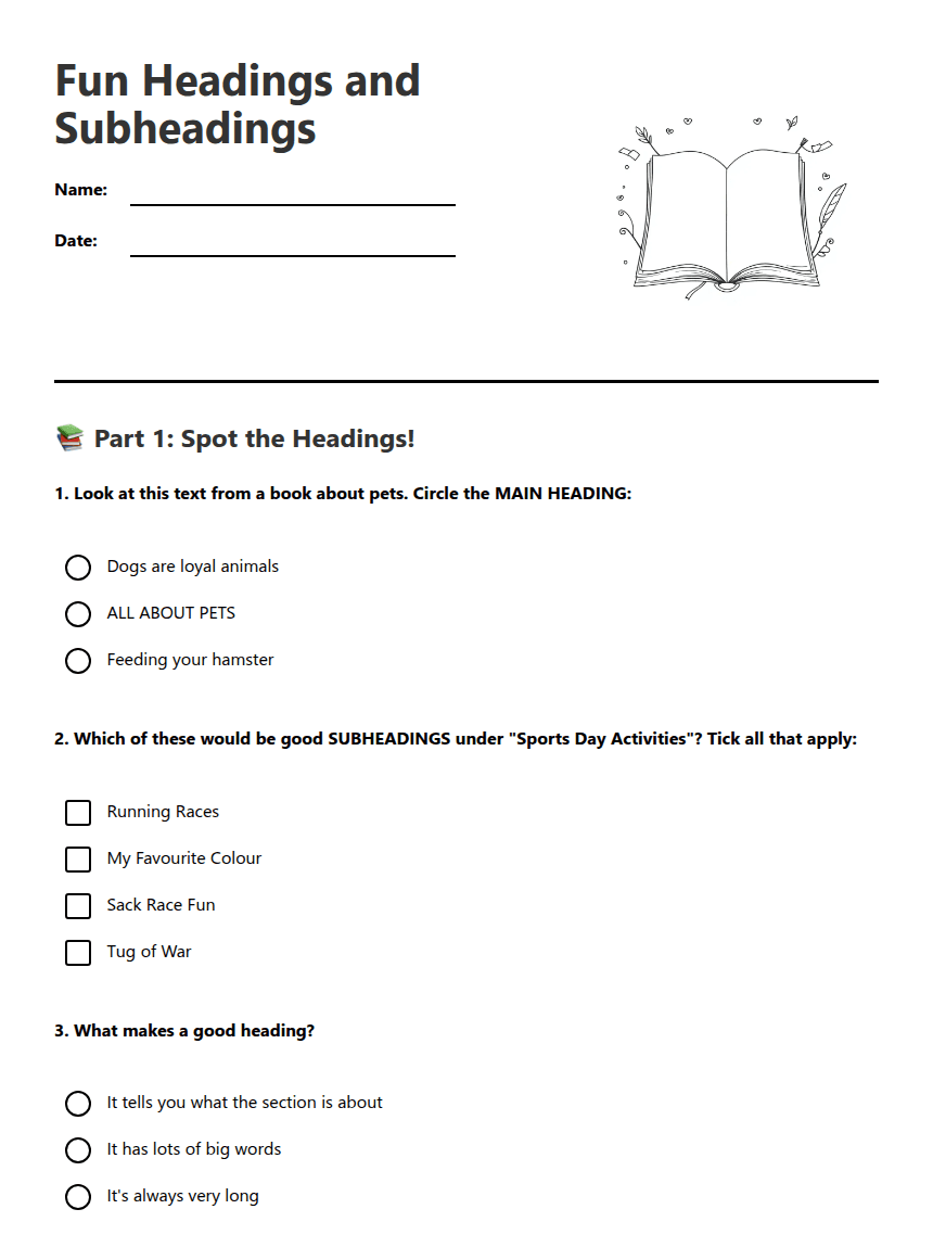 Fun Headings and Subheadings worksheet preview