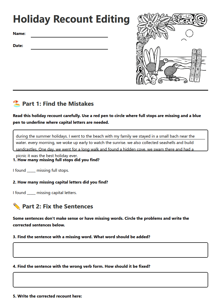 Holiday Recount Editing worksheet preview