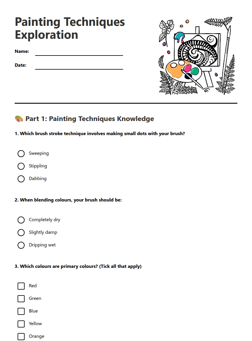 Painting Techniques Exploration worksheet preview