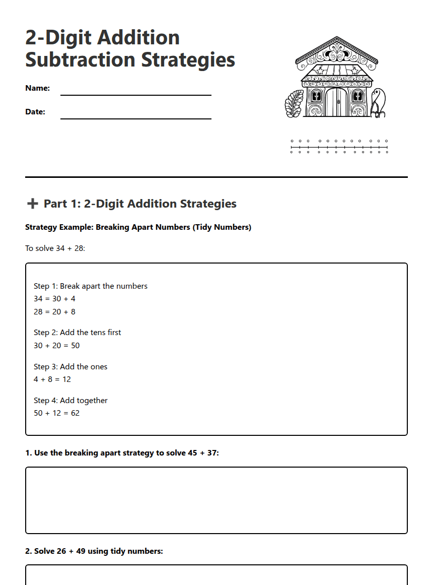2-Digit Addition Subtraction Strategies worksheet preview