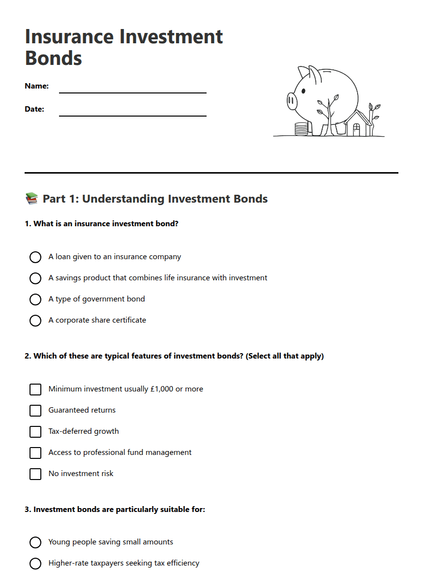 Insurance Investment Bonds worksheet preview