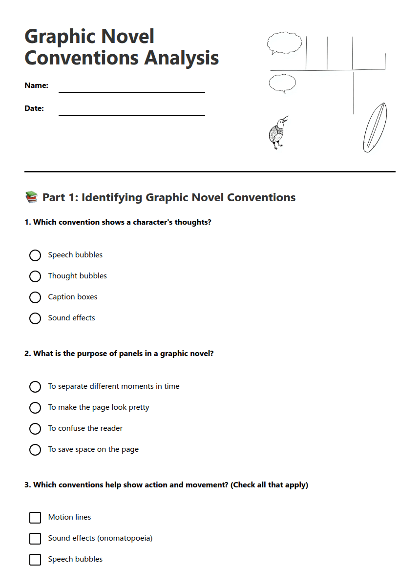 Graphic Novel Conventions Analysis worksheet preview