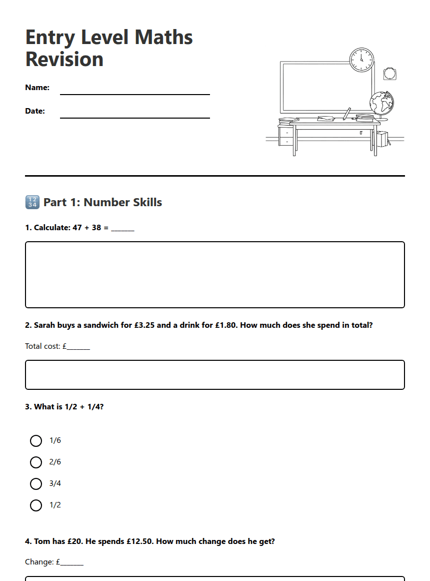 Entry Level Maths Revision worksheet preview