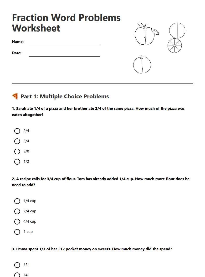 Fraction Word Problems Worksheet worksheet preview