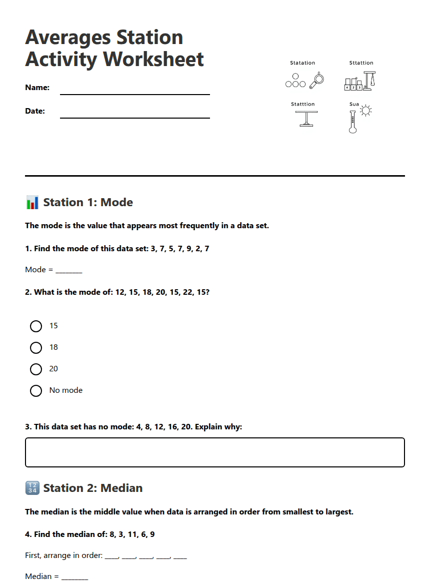 Averages Station Activity Worksheet worksheet preview