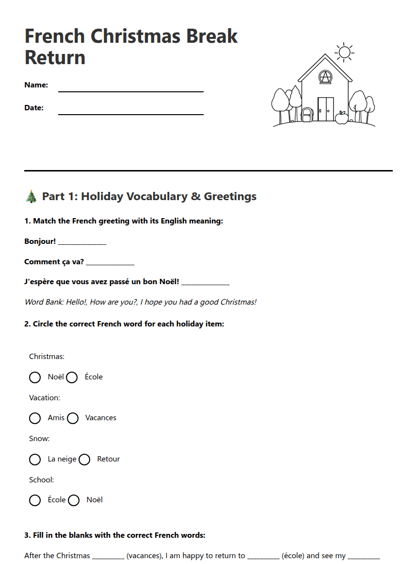 French Christmas Break Return worksheet preview