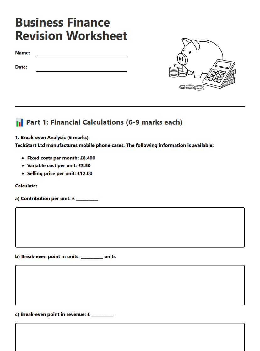 Business Finance Revision Worksheet