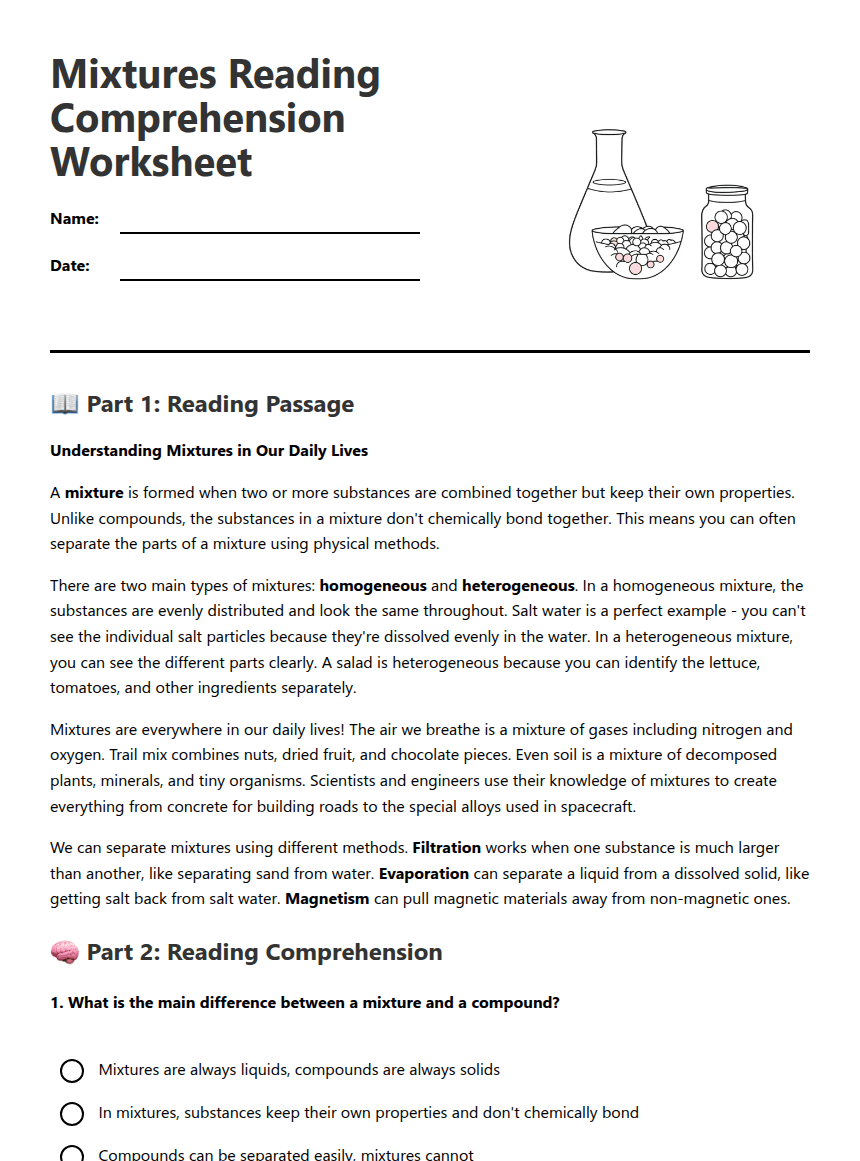 Mixtures Reading Comprehension Worksheet worksheet preview