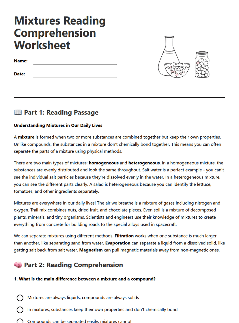 Mixtures Reading Comprehension Worksheet