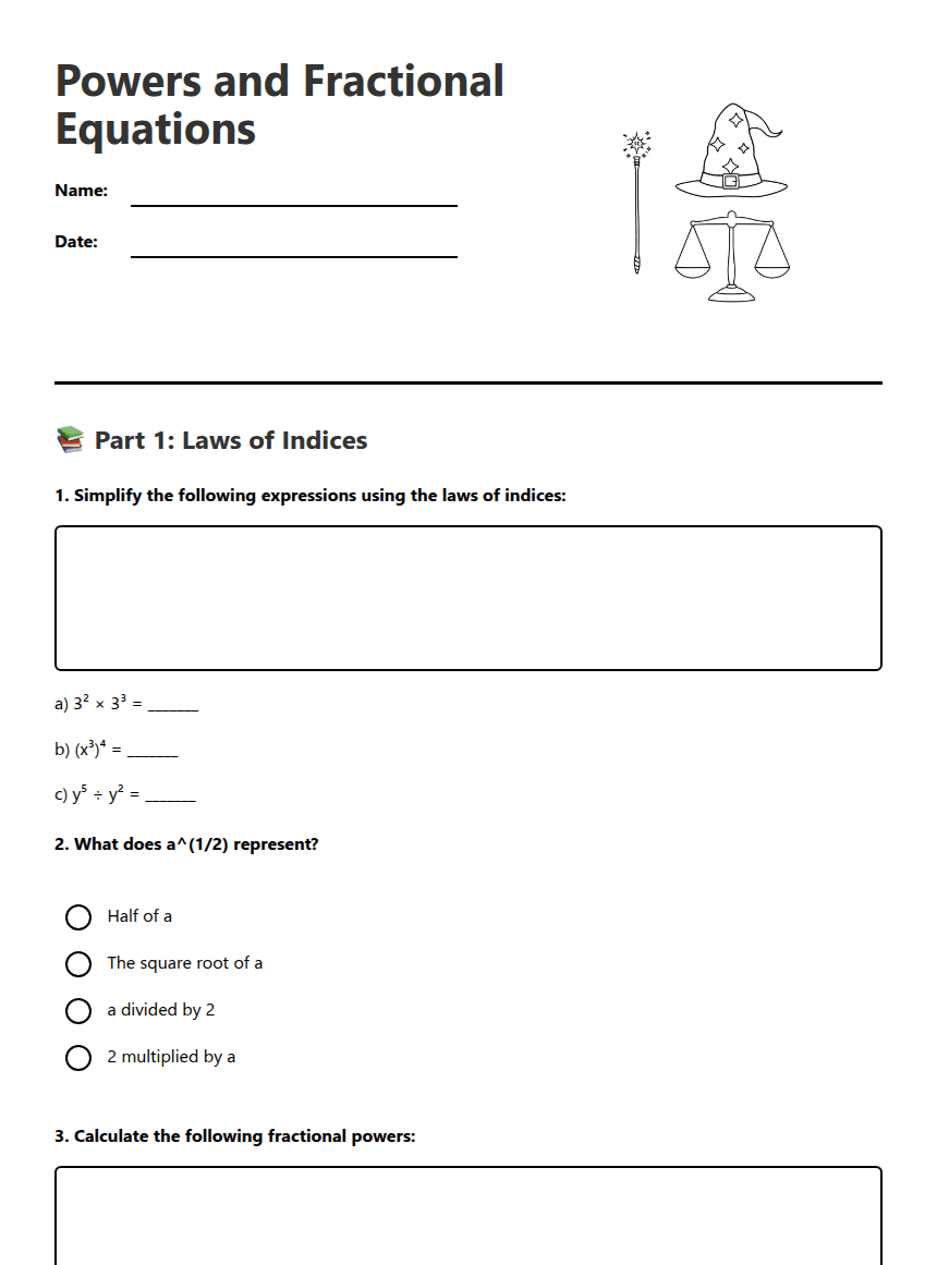 Powers and Fractional Equations worksheet preview