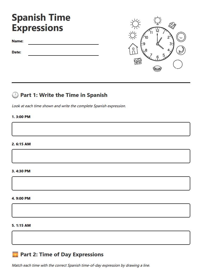 Spanish Time Expressions worksheet preview