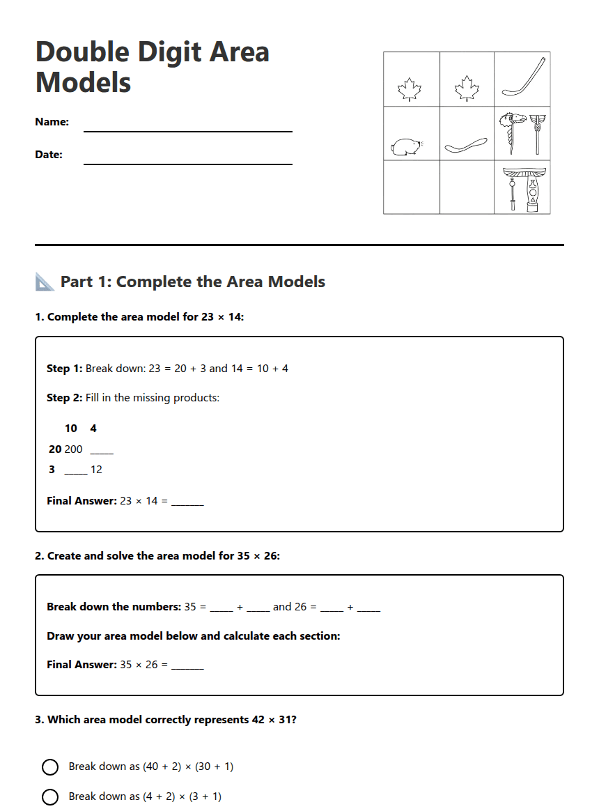Double Digit Area Models worksheet preview