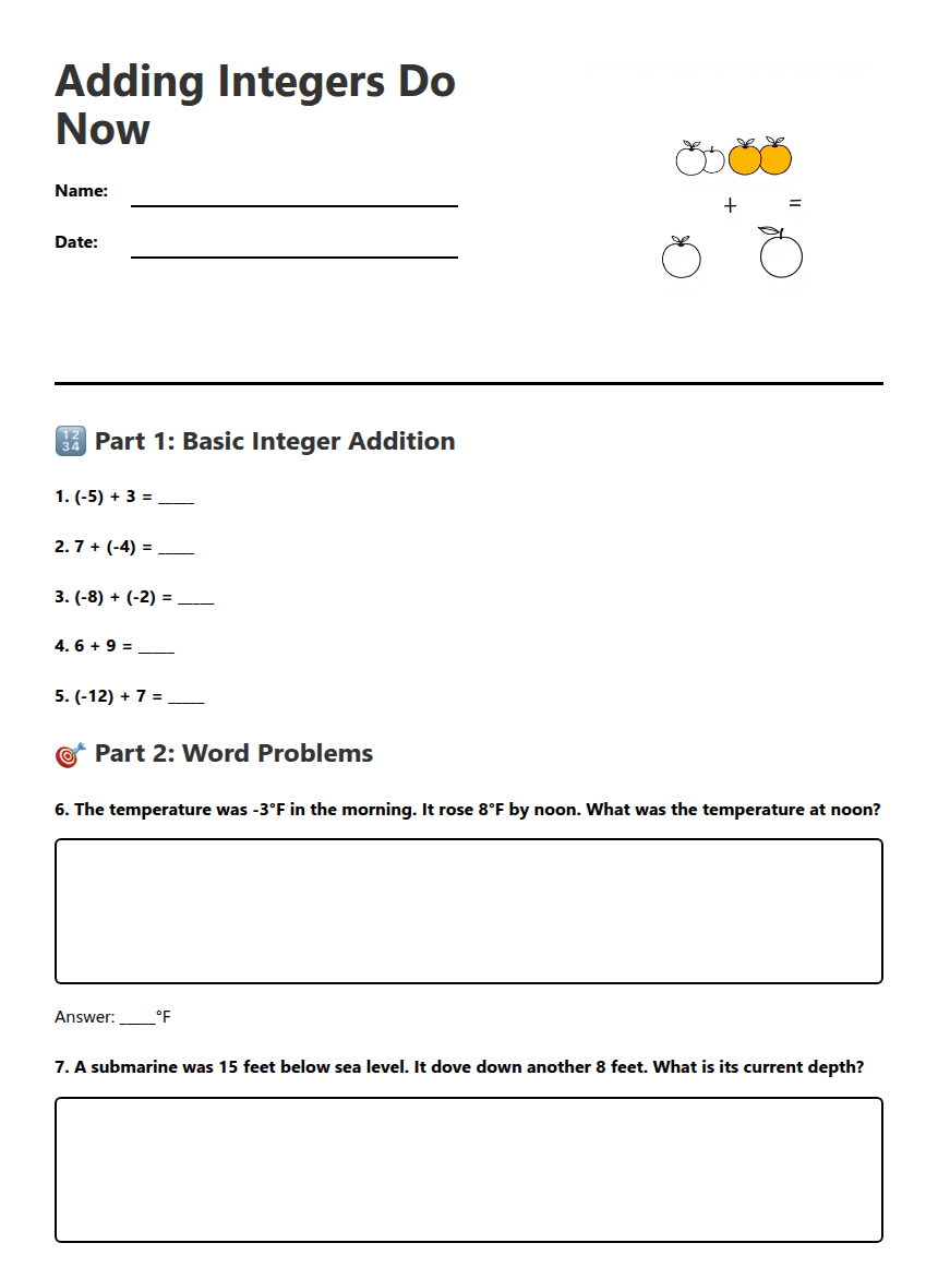 Adding Integers Do Now worksheet preview