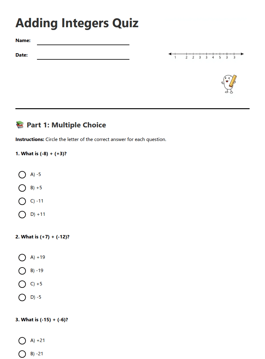 Adding Integers Quiz worksheet preview