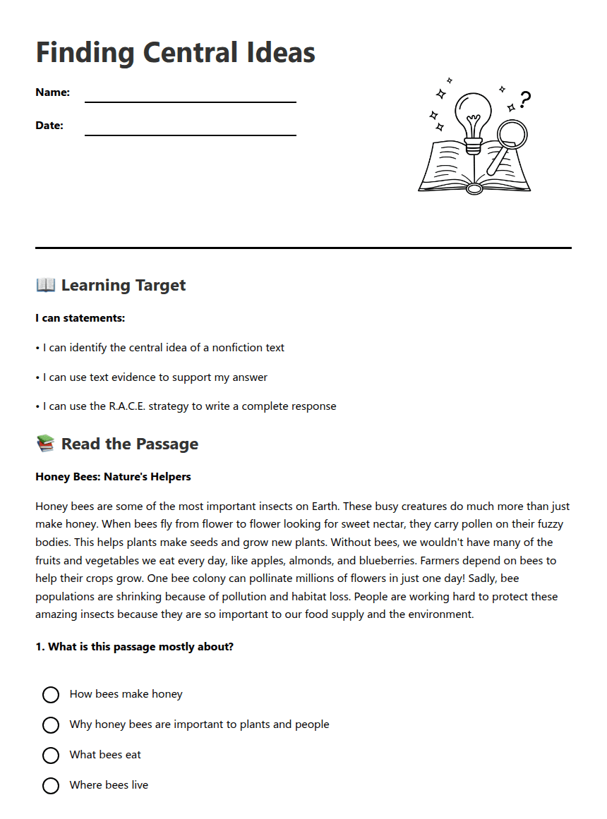 Finding Central Ideas worksheet preview