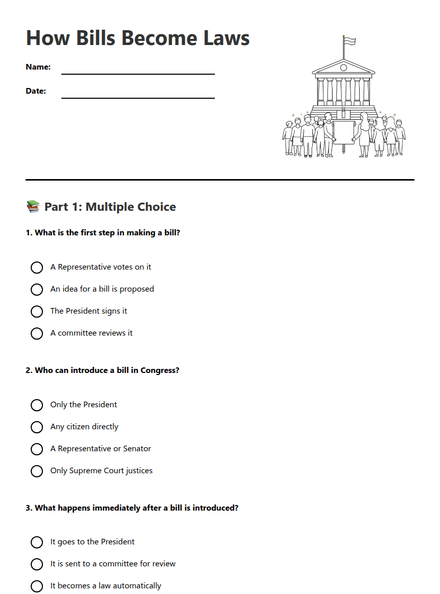 How Bills Become Laws worksheet preview