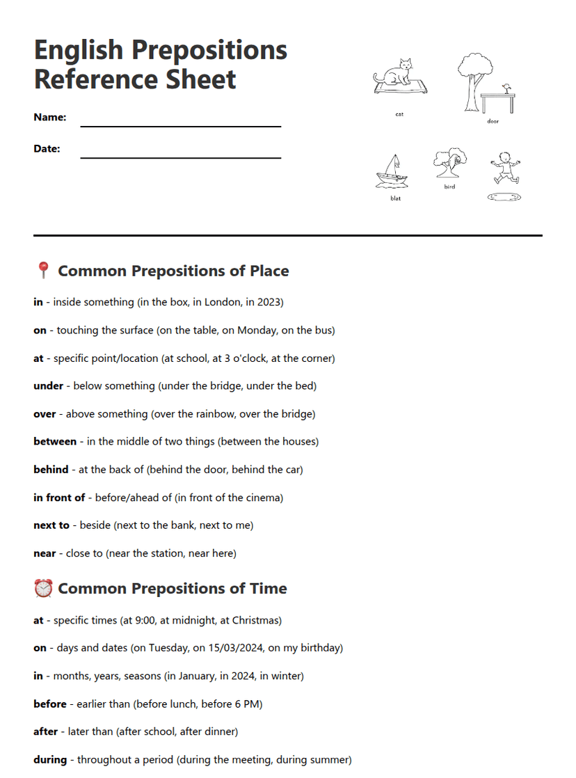 English Prepositions Reference Sheet