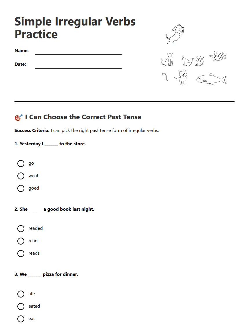 Simple Irregular Verbs Practice worksheet preview