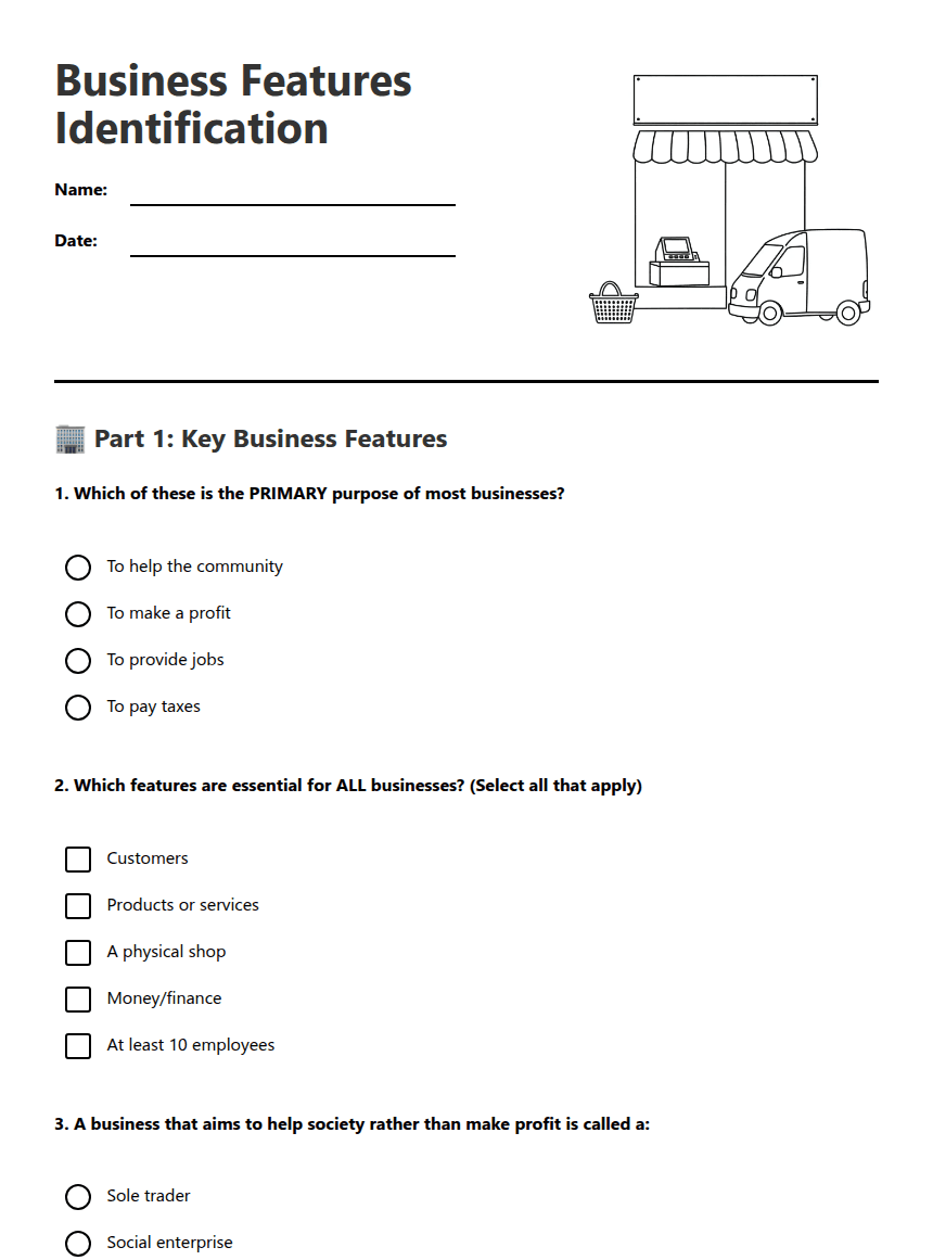 Business Features Identification worksheet preview