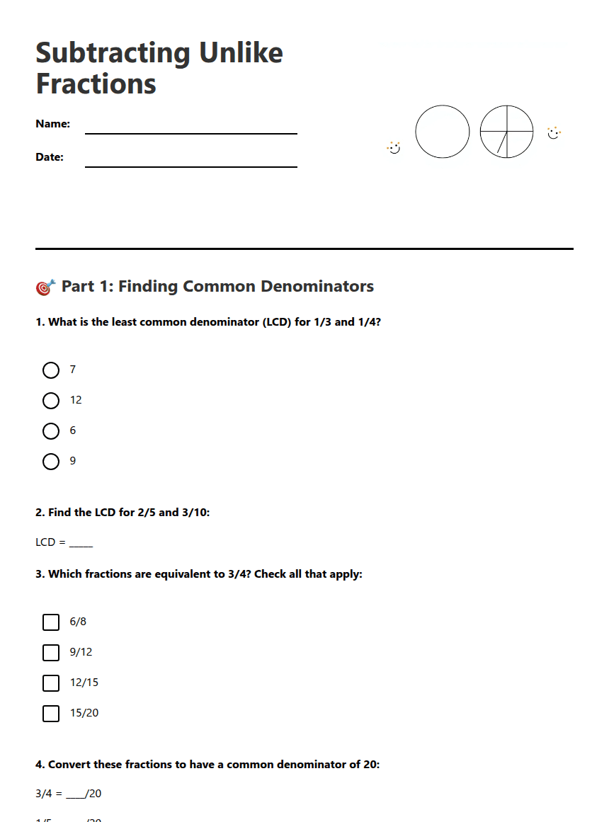 Subtracting Unlike Fractions worksheet preview