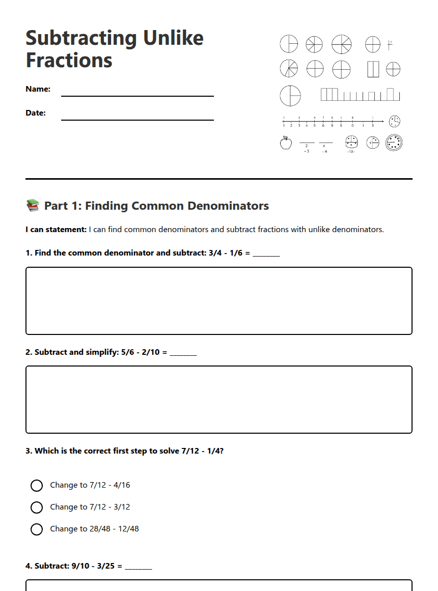 Subtracting Unlike Fractions worksheet preview