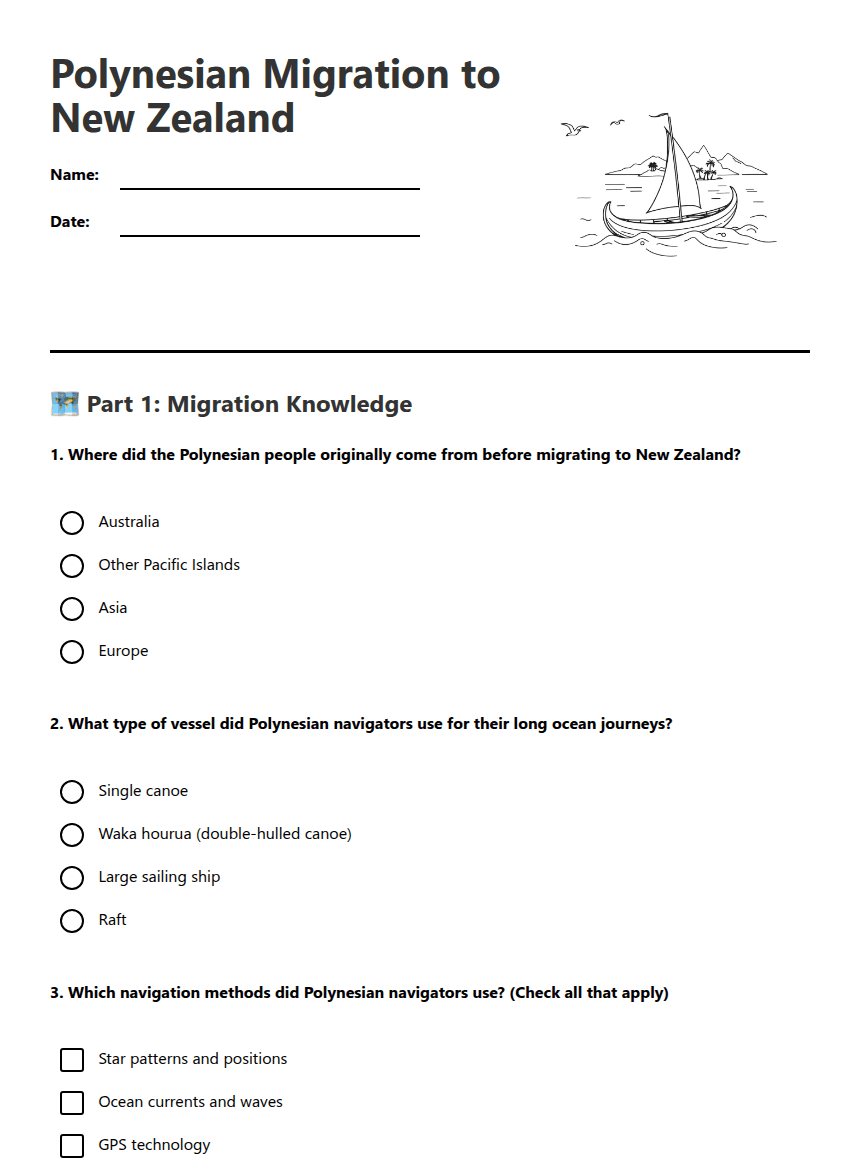 Polynesian Migration to NZ worksheet preview