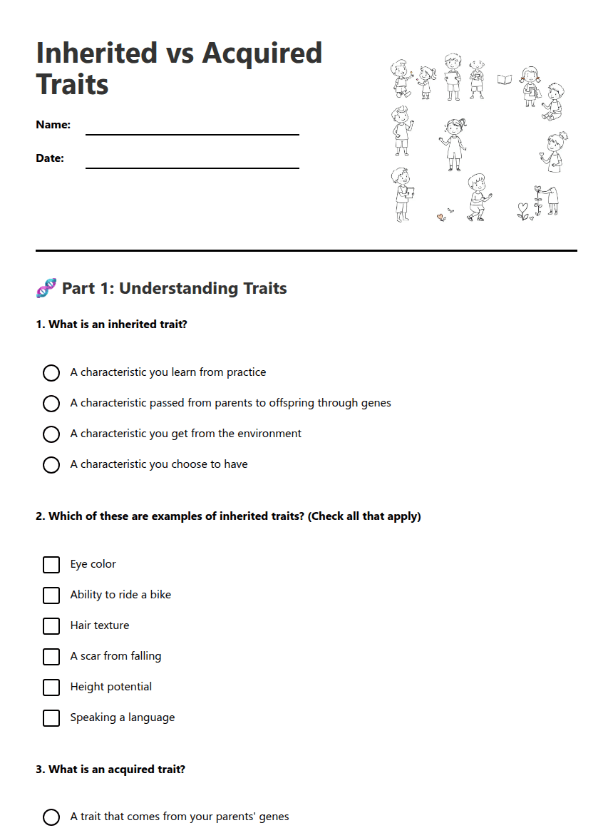 Inherited vs Acquired Traits worksheet preview