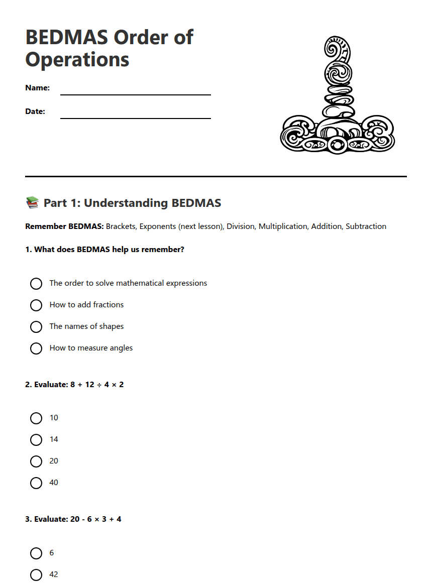 BEDMAS Order of Operations worksheet preview