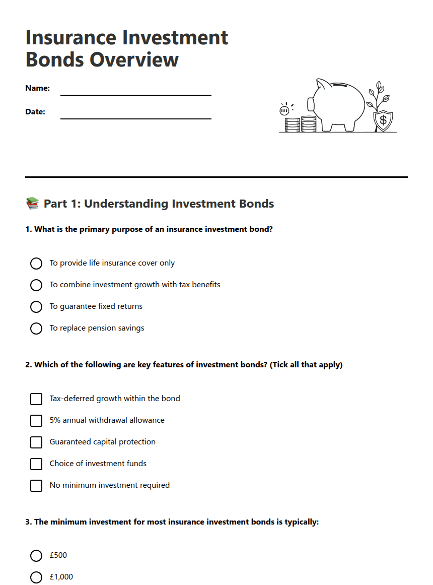 Insurance Investment Bonds Overview worksheet preview