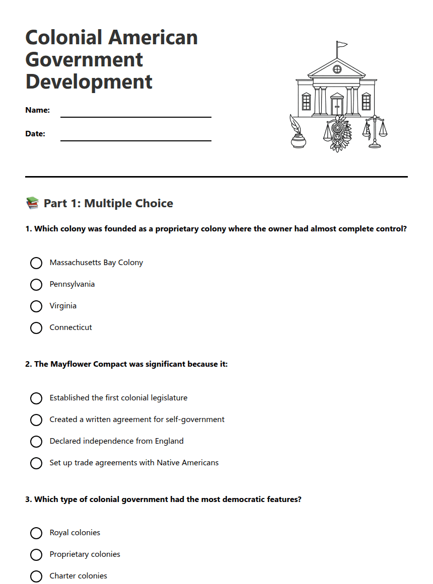 Colonial American Government Development worksheet preview