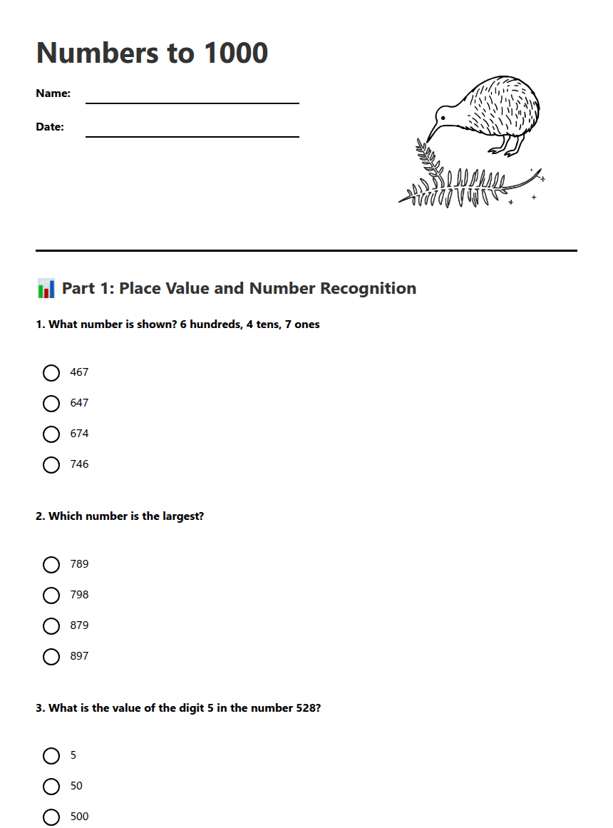 Numbers to 1000 worksheet preview