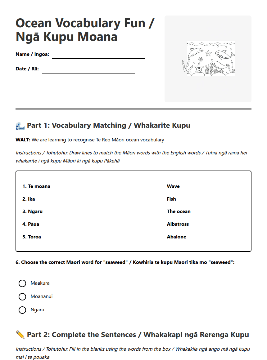 Ocean Vocabulary Fun worksheet preview