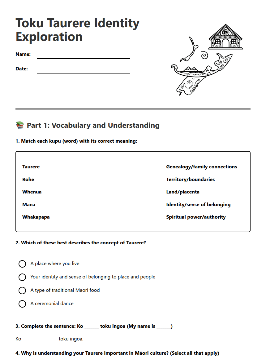 Toku Taurere Identity Exploration worksheet preview