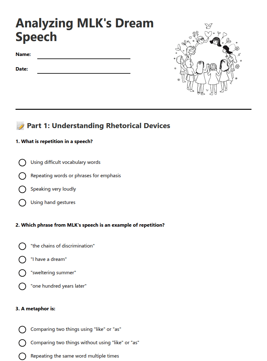 Analyzing MLK's Dream Speech worksheet preview
