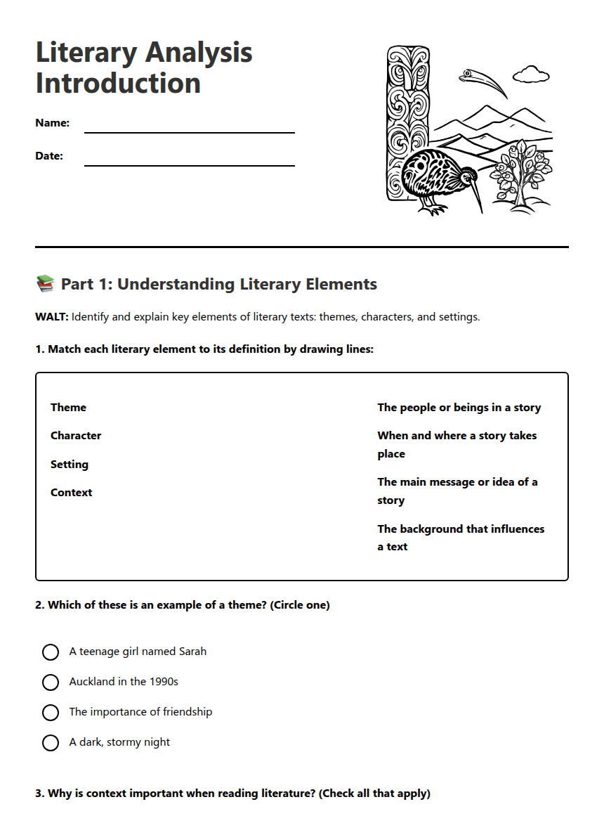 Literary Analysis Introduction worksheet preview