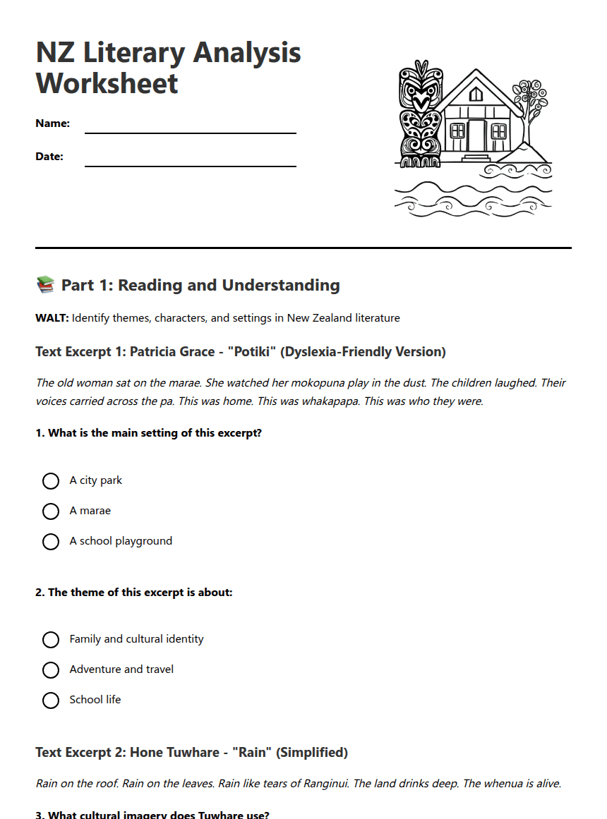 NZ Literary Analysis Worksheet worksheet preview